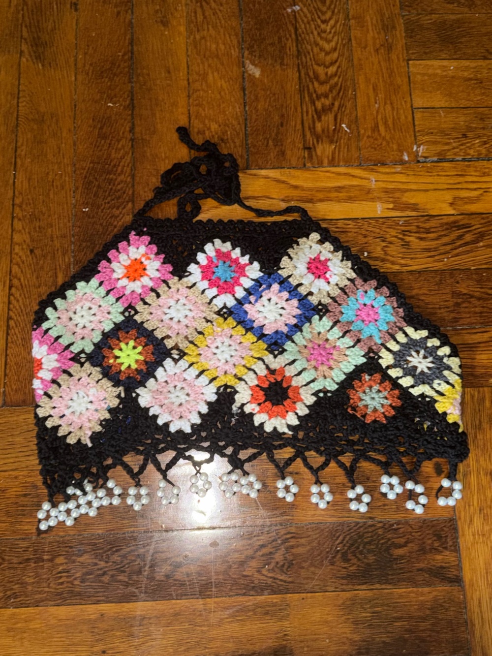 Black Crochet Multicolor Bead-Trim Crop Top